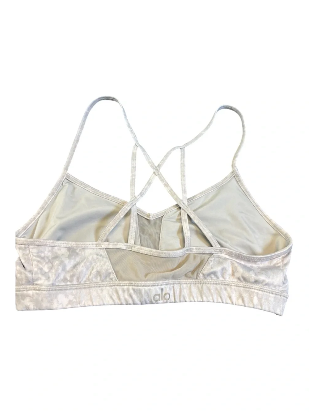 Alo Yoga Goddess Sports Bra White Gray Cloud Print Mesh Strappy XS GUC